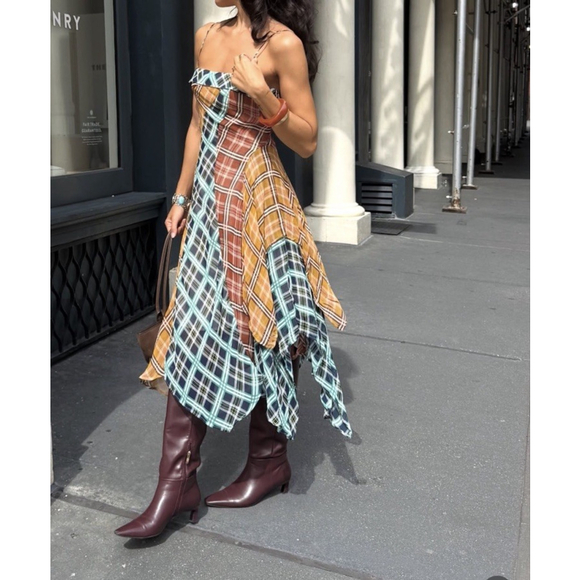 NWT Anthropologie Maeve Asymmetric Plaid Mix Midi Dress Size:S MSRP:$198 - Picture 6 of 7